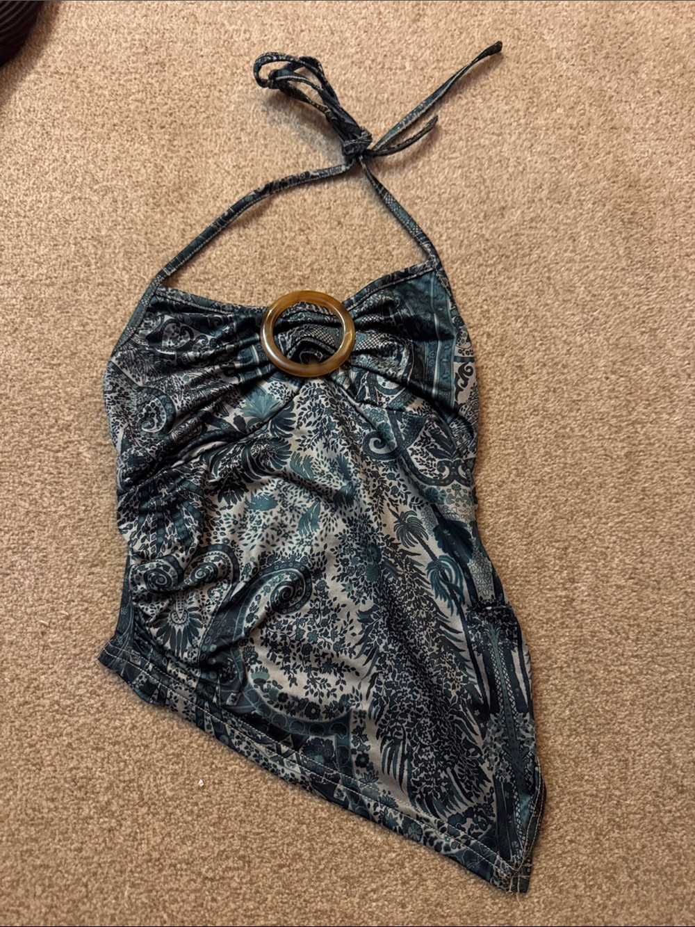 Cider Asymmetrical Halter top with Decorative Ring - Teal Paisley size XS